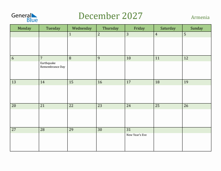 December 2027 Calendar with Armenia Holidays