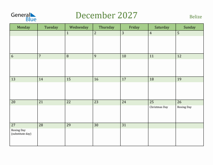 December 2027 Calendar with Belize Holidays