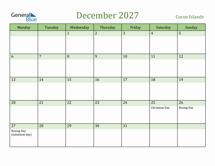 December 2027 Calendar with Cocos Islands Holidays