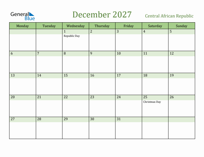 December 2027 Calendar with Central African Republic Holidays