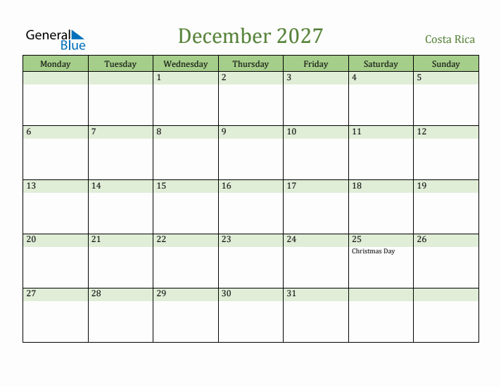 December 2027 Calendar with Costa Rica Holidays