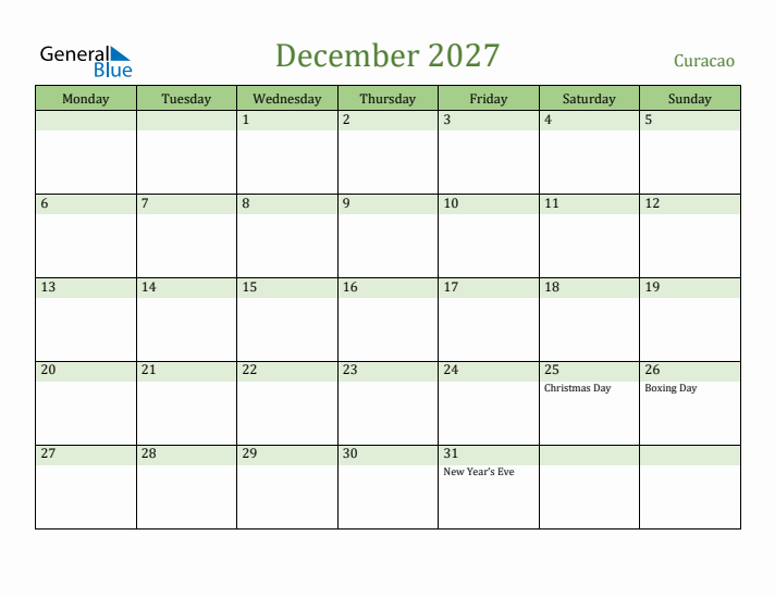 December 2027 Calendar with Curacao Holidays