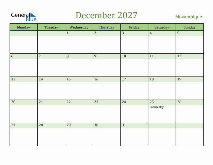 December 2027 Calendar with Mozambique Holidays