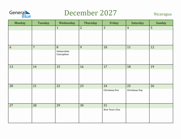 December 2027 Calendar with Nicaragua Holidays