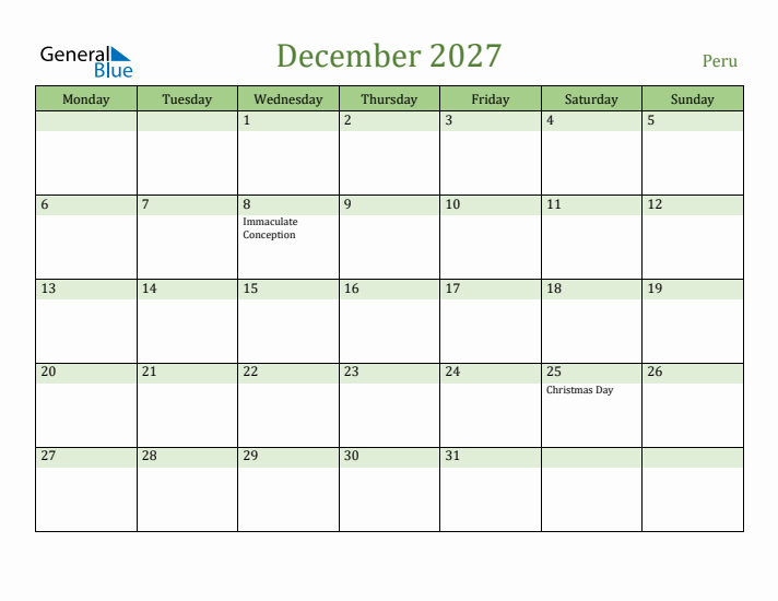 December 2027 Calendar with Peru Holidays