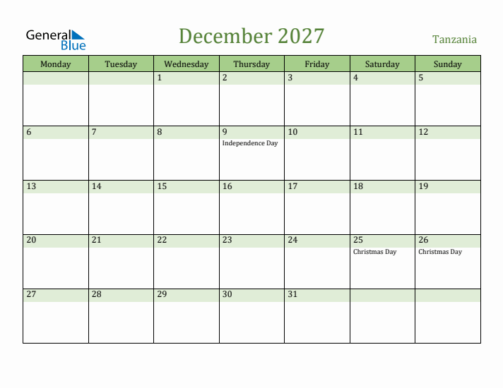 December 2027 Calendar with Tanzania Holidays