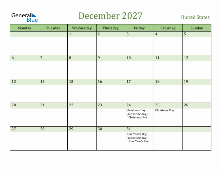 December 2027 Calendar with United States Holidays