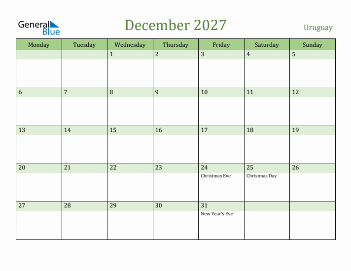 December 2027 Calendar with Uruguay Holidays