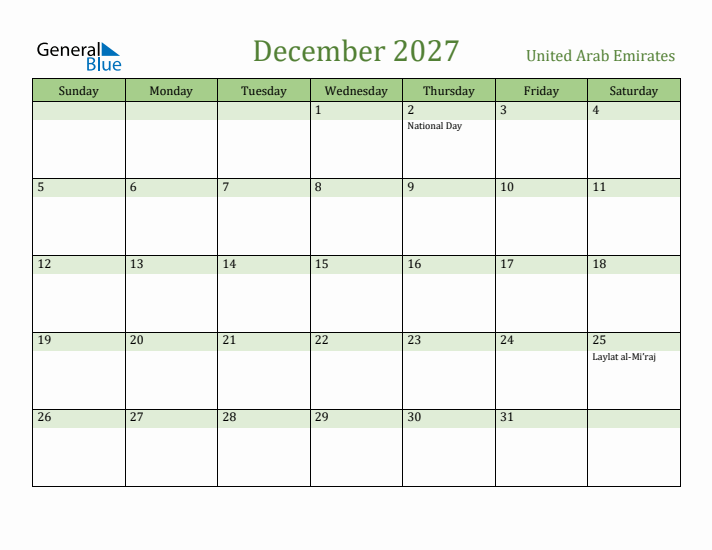 December 2027 Calendar with United Arab Emirates Holidays