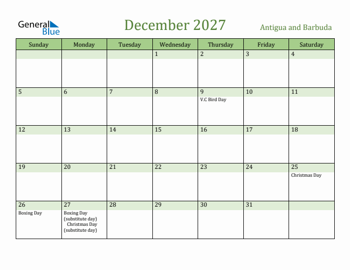 December 2027 Calendar with Antigua and Barbuda Holidays