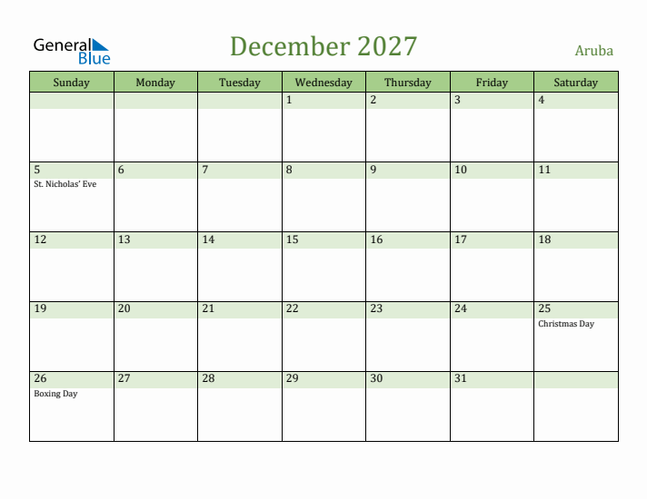 December 2027 Calendar with Aruba Holidays