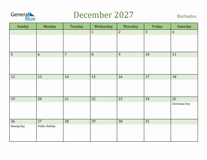 December 2027 Calendar with Barbados Holidays