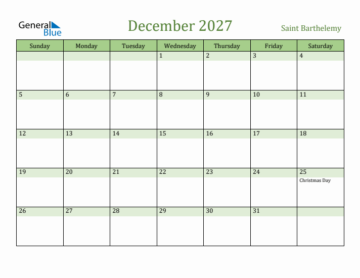 December 2027 Calendar with Saint Barthelemy Holidays