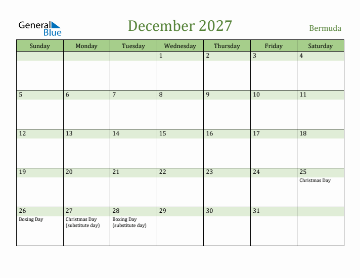 December 2027 Calendar with Bermuda Holidays