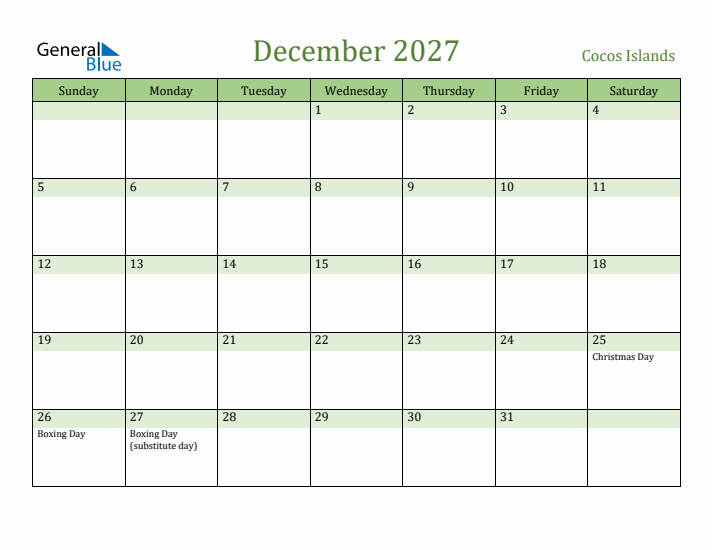 December 2027 Calendar with Cocos Islands Holidays