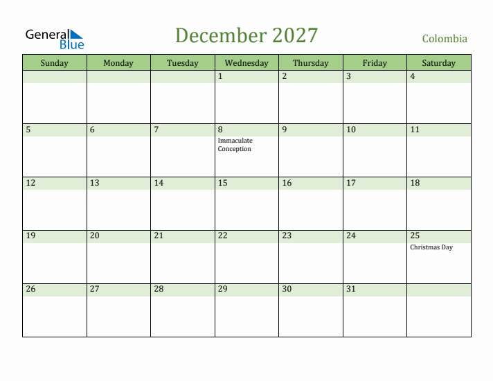 December 2027 Calendar with Colombia Holidays