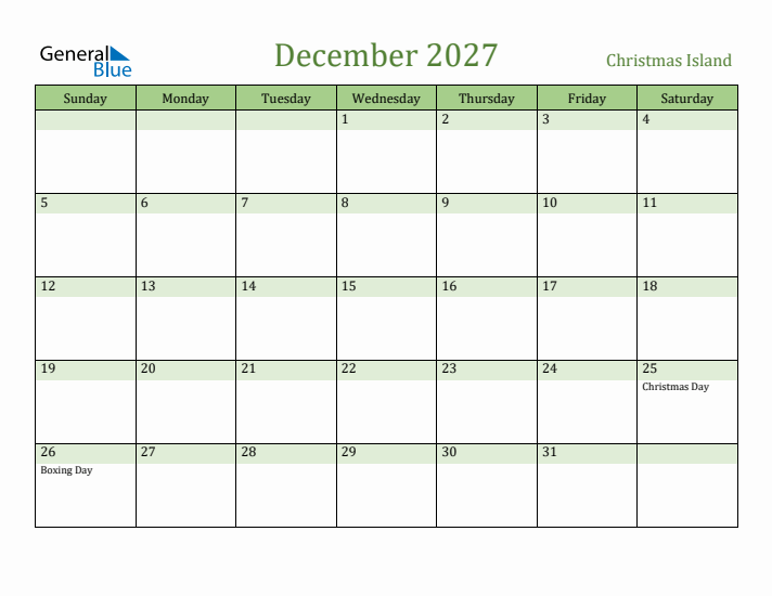 December 2027 Calendar with Christmas Island Holidays