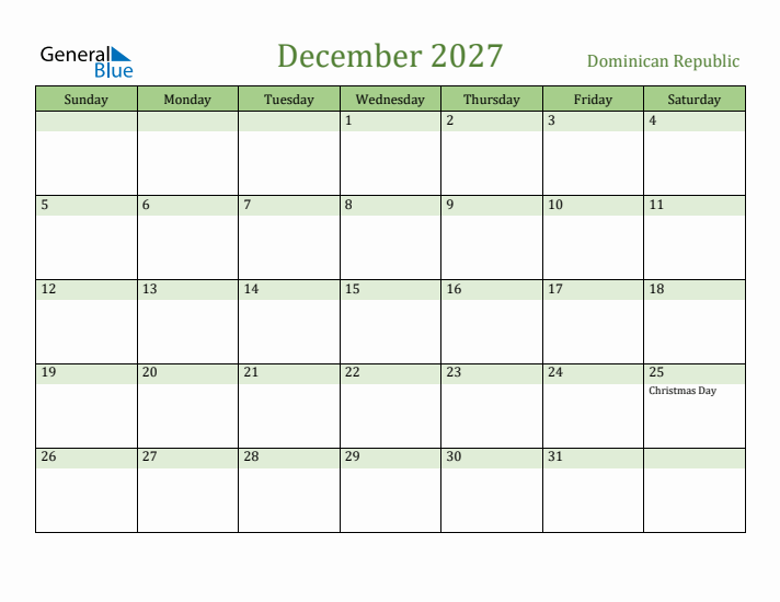 December 2027 Calendar with Dominican Republic Holidays