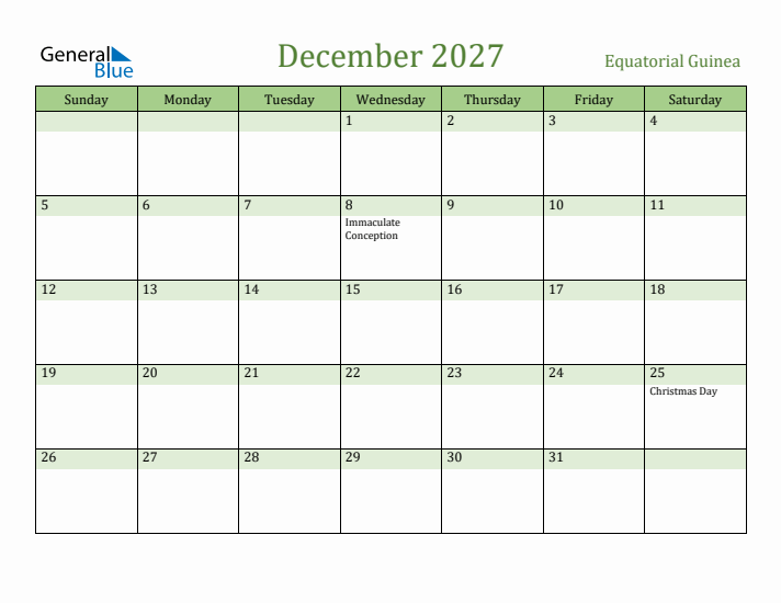 December 2027 Calendar with Equatorial Guinea Holidays