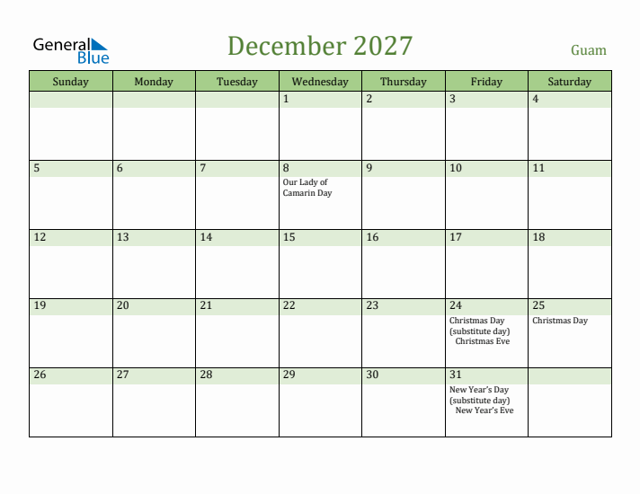 December 2027 Calendar with Guam Holidays