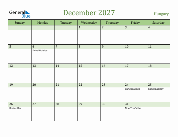 December 2027 Calendar with Hungary Holidays