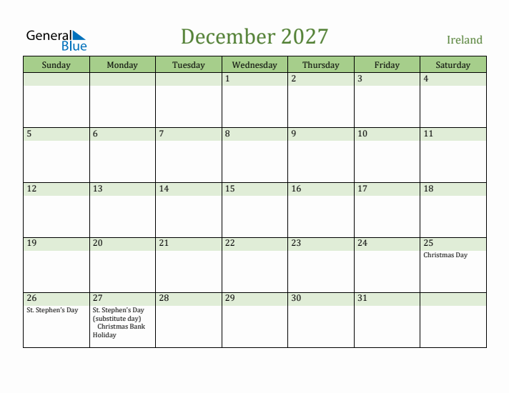 December 2027 Calendar with Ireland Holidays