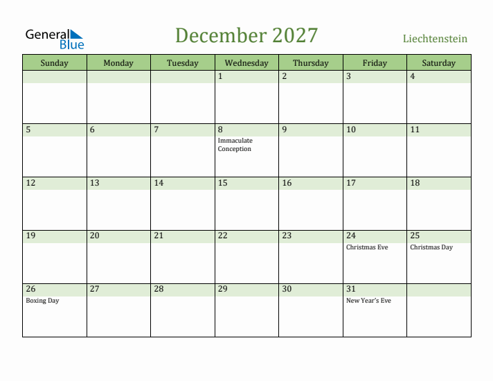 December 2027 Calendar with Liechtenstein Holidays