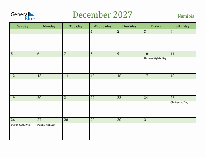 December 2027 Calendar with Namibia Holidays