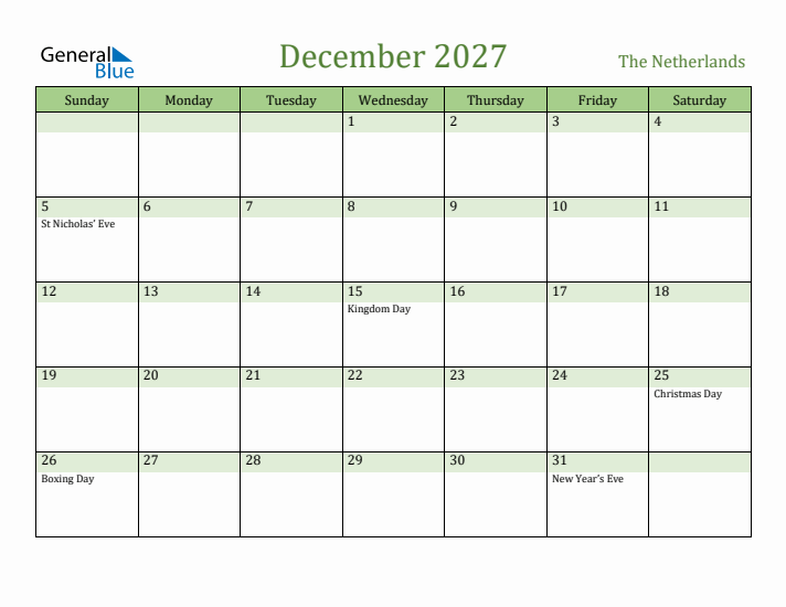 December 2027 Calendar with The Netherlands Holidays