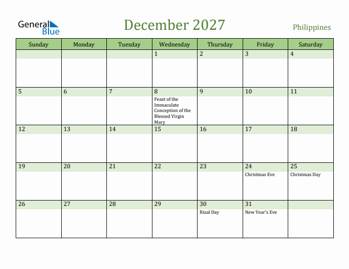 December 2027 Calendar with Philippines Holidays