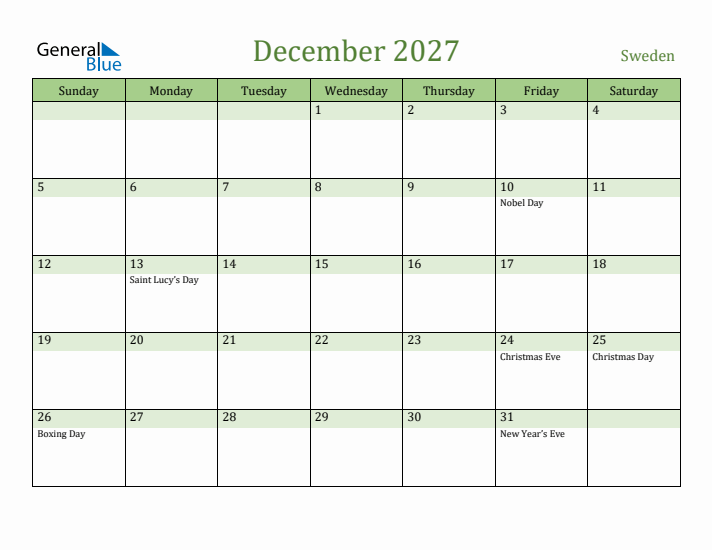 December 2027 Calendar with Sweden Holidays