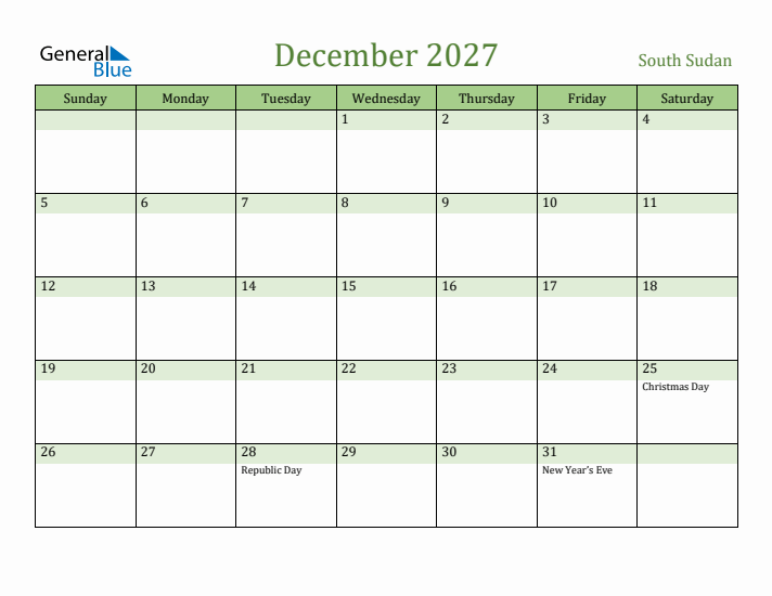 December 2027 Calendar with South Sudan Holidays