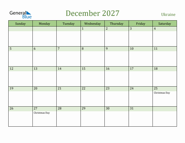 December 2027 Calendar with Ukraine Holidays