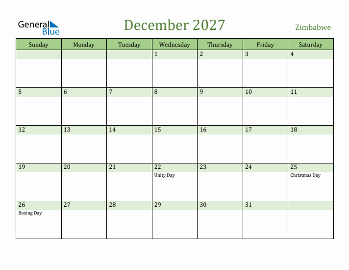 December 2027 Calendar with Zimbabwe Holidays