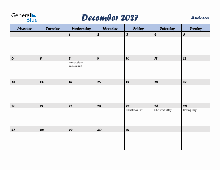 December 2027 Calendar with Holidays in Andorra