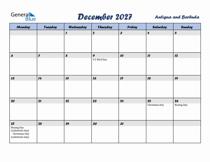 December 2027 Calendar with Holidays in Antigua and Barbuda