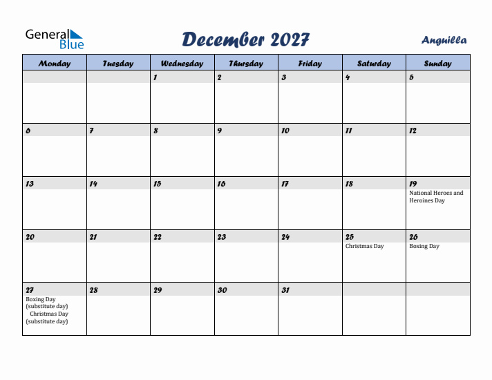 December 2027 Calendar with Holidays in Anguilla