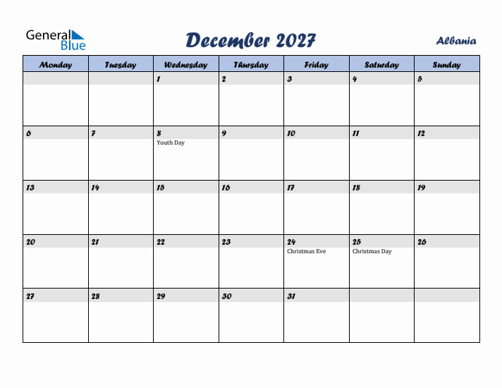 December 2027 Calendar with Holidays in Albania