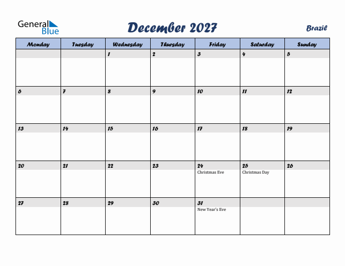 December 2027 Calendar with Holidays in Brazil