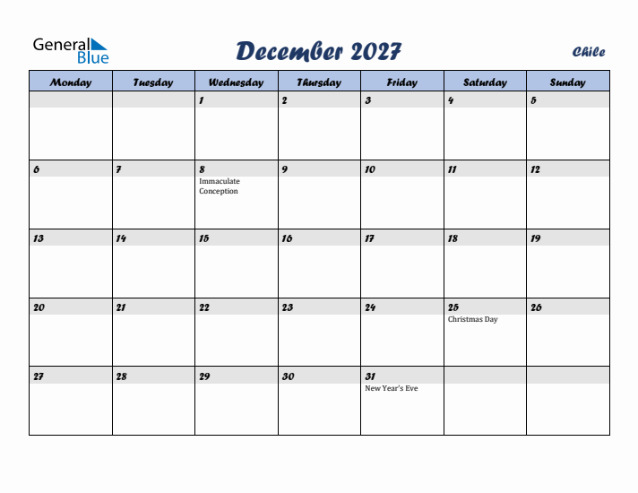 December 2027 Calendar with Holidays in Chile