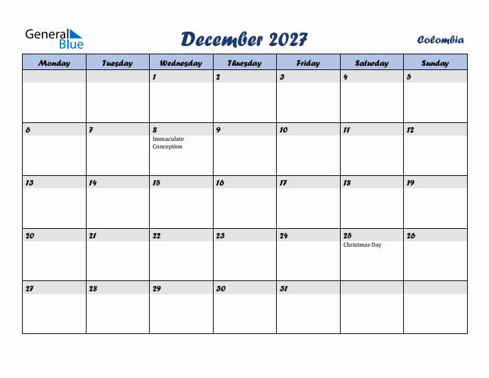 December 2027 Calendar with Holidays in Colombia