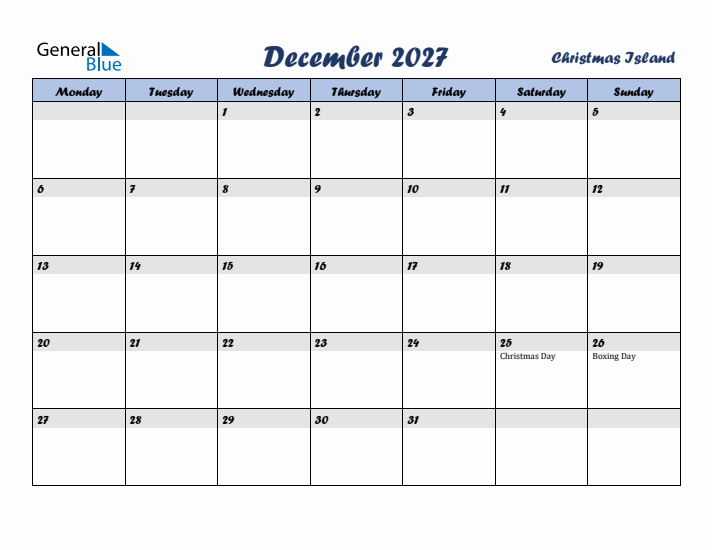 December 2027 Calendar with Holidays in Christmas Island