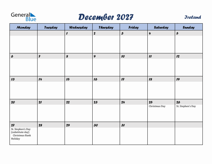 December 2027 Calendar with Holidays in Ireland