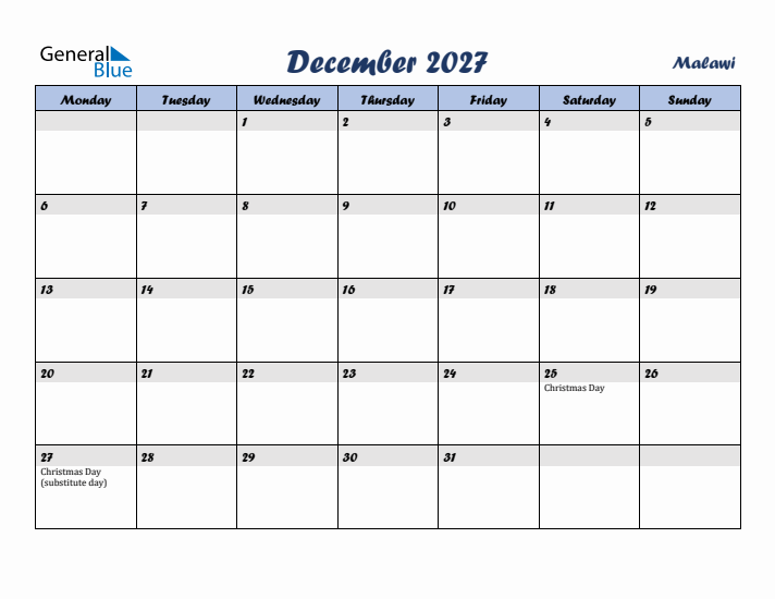 December 2027 Calendar with Holidays in Malawi