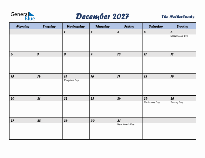 December 2027 Calendar with Holidays in The Netherlands