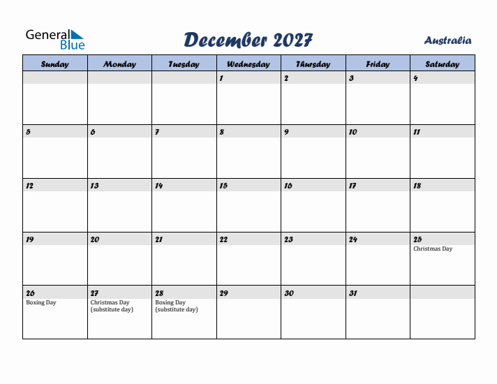 December 2027 Calendar with Holidays in Australia