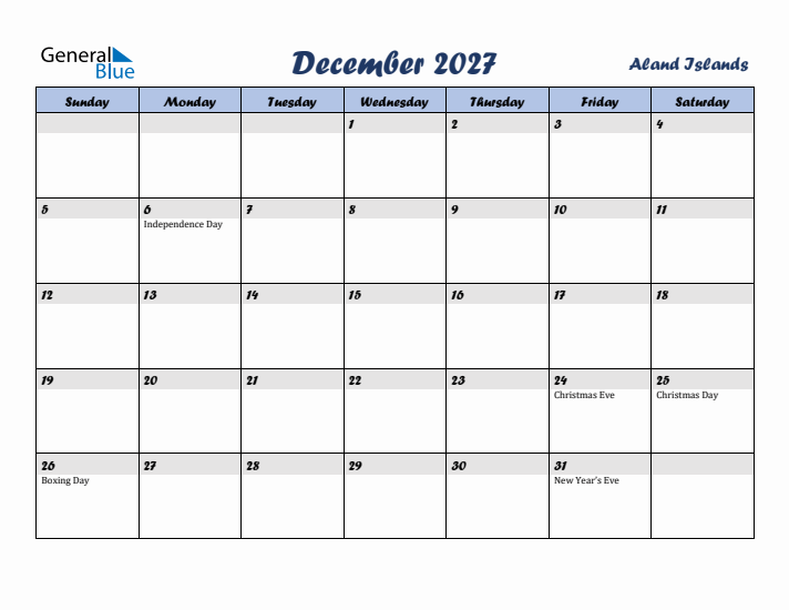 December 2027 Calendar with Holidays in Aland Islands