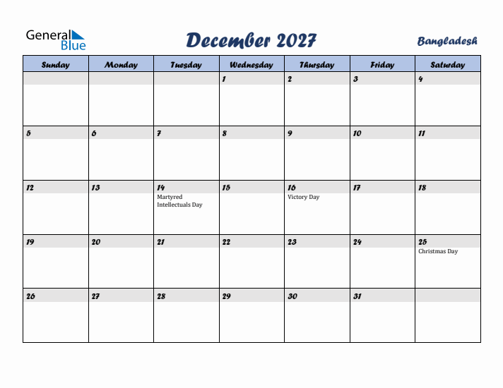 December 2027 Calendar with Holidays in Bangladesh