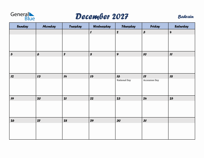 December 2027 Calendar with Holidays in Bahrain