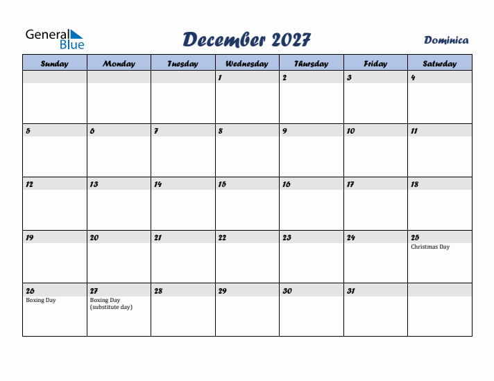 December 2027 Calendar with Holidays in Dominica